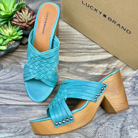 Lucky Brand Shoes - NIB Lucky Brand Tellimi 8.5M Platform Wedge Woven Leather Studded Sandals Blue